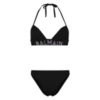 balmain bikini à logo orné de cristaux - noir
