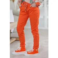 pantalon orange en toile stretch ceinture élastique rayée brillante