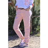 pantalon rose poudré en toile coupe droite broderie cachemire ceinture simili