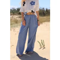 pantalon large en gaze de coton bleu à rayures avec ceinture style raphia