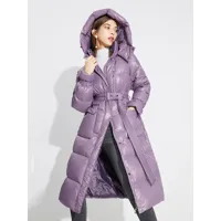 doudoune à capuche violet long puffer belted winter outerwear pour femme