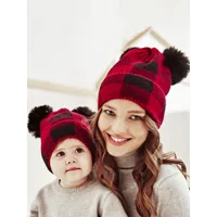 chapeau noël pour femmes enfant pompoms plaid hiver chaud accessoire