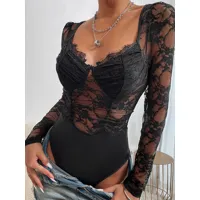 body manches longues corset sous-vêtements femmes noires hauts sexy en dentelle