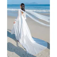 robe longue blanche féerique décolleté plongeant dos en v illusion de tulle robes de soirée superposées