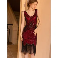 robes de soirée robe vintage 1920s semi-formelle géométrique sans manches à col en v noir rouge
