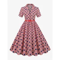 robe rétro des années 1950 audrey hepburn style v-neck sash layered short sleeves medium flag rockabilly dress