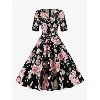 robe fleuri rétro des années 1950 à col en v demi-manches robe trapèze imprimée