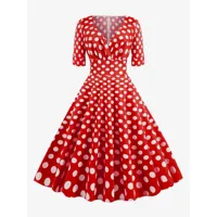 robe vintage des années 1950 robe trapèze plissée à pois rouges à manches courtes et col en v