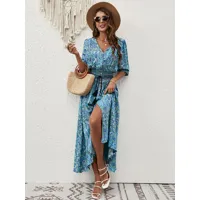 robe d'été fendue col en v boutons imprimés robe de plage longue bleue