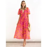 robe d&#39;été robe de plage longue rose à imprimé floral et col en v
