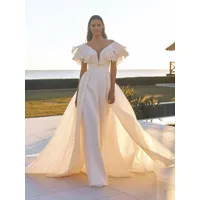 robe de mariée vintage en organza col v manche courte traîne amovible