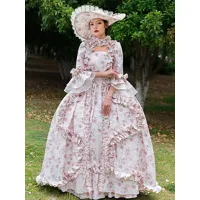 robe vintage rose rétro costumes volants imprimé fleuri chapeau marie antoinette femme vintage tunique 18ème siècle déguisement médiéval