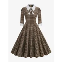 robe rétro col rabattu années 1950 vintage nœuds plaid robe trapèze noire
