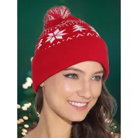 pom poms hats bonnet de noël flocon de neige pour femme en rouge