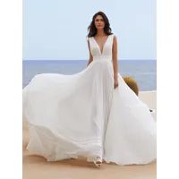 robe de mariée simple en mousseline de soie col en v sans manches plissée ligne a robes de mariée
