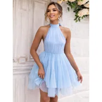 robe courte bleue à col licou sans manches mini robes de soirée transparentes