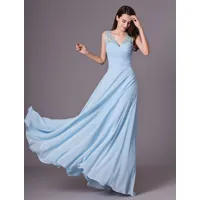 robe demoiselle honneur bleue ciel clair avec applique col v longueur plancher 