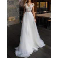 robe de mariée trapèze blanche en tulle col rond en dentelle transparent jupe plissée à traîne robe de mariage