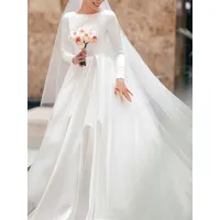 robe mariée vintage col rond manche longue jupe plissée à traîne robe de mariage