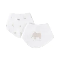 lot de 2 bavoirs bandana en mousseline éléphant - blanc