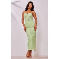 robe longue à corset bustier en dentelle fleurie vert sauge, vert sauge