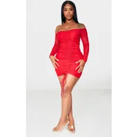 shape robe moulante rouge froncée en mesh à col bardot, rouge
