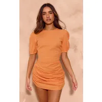 robe moulante effet lin orange à col rond et jupe froncée, orange
