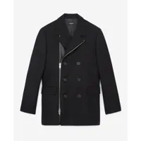 manteau long noir cuir à col zippé
