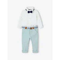 ensemble de cérémonie bébé pantalon avec ceinture, chemise et noeud papillon blanc