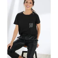 t-shirt à manches courtes avec applications de strass noir en coton