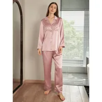22mm ensemble pyjama à passepoil d'or en soie rose poudre