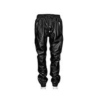 mens noir napa réel en cuir souple pantalon sweat voie pantalon zip jogging bas - noir - large