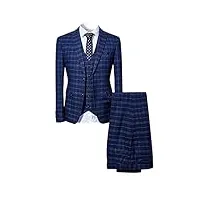 costume homme 3 pièces tuxedo slim fit à carreaux deux boutons d'affaire mariage trois pièces veste+gilet+pantalon, bleu, l