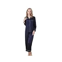 lsharon pyjama sexy à manches longues pour femme 100 % soie de mûrier (s (tag l), bleu foncé)