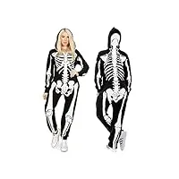 tipsy elves costume de squelette d'halloween pour femme – combinaison confortable pour adulte – imprimé devant et arrière avec masque zippé, blanc, xx-large