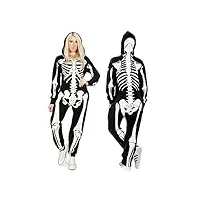 tipsy elves costume de squelette d'halloween pour femme – combinaison confortable pour adulte – imprimé devant et arrière avec masque zippé, blanc, small