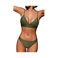 cupshe femme bikini triangle à bande large côtelé ensemble bikini taille basse high cut maillots de bain 2 pièces swimsuit armée verte m