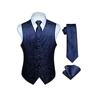 hisdern hommes classique paisley floral jacquard gilet & cravate et gilet de poche gilet ensemble, bleu marin, l