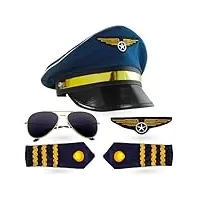 ensemble pilote capitaine costume de carnaval pour les hommes costume avec des bandes d'épaulettes, chapeau de pilote, casquette de pilote, insigne pour le costume de pilote