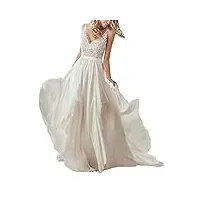 nanger robe de mariée bohème à col en v en mousseline de soie avec applications dans le dos nu, blanc., 34