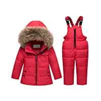 combinaison de neige fille garçon doudoune à capuche + pantalons de ski enfant 2pcs ensemble de ski bébé manteau de duvet salopettes de ski hiver veste snowsuit, rouge 3-4 ans