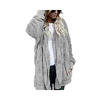 walant femmes manteau cardigan à capuche en peluche manches longues couleur unie blouson veste outwear casual chaud automne hiver parka hoodie, gris clair, l