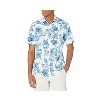 amazon essentials chemise imprimée à manches courtes coupe ajustée homme, bleu imprimé fleuri, l