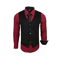 subliminal mode - gilet + chemise + cravate homme col bicolore uni manches longues coupe ajusté business repassage facile rn33 noir et bordeaux l