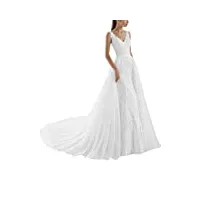 vkstar® robe sirène mariage femme sans manche robe de mariée dentelle longue col v avec traîne blanc 38
