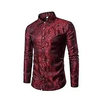 allthemen chemise homme casual floral imprimé à manches longues en jacquard en soie,rouge vineux,l