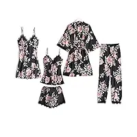 lachi 2/5pcs femme kimono pyjama set robe de nuit vêtements de nuit dentelle chemise de nuit robes de cardigan clubwear peignoir satin dentelle robes ensemble de vêtements top nightwear,noir,l
