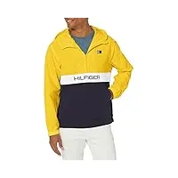 tommy hilfiger veste coupe-vent imperméable à capuche taslan rétro légère, bloc de couleur jaune/bleu marine, l homme