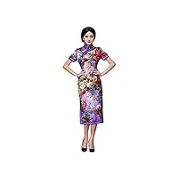 hangerfeng qipao soie jupe cheongsam de longueur moyenne robe élémentaire chinoise impression à manches courtes boucle manuelle (m) violet