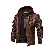hommes À capuche pu cuir veste aviateur moto blousons avec amovible capuche men leather hooded jacket (brown,xx-large)